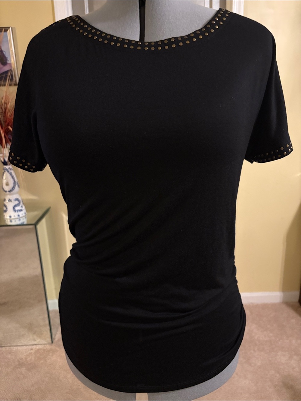 Black Stud-Trim Short Sleeve Women's Top; Ruched Sides